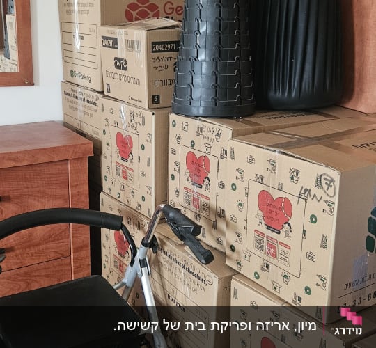 קופסאות קרטון מסודרות עם הליכון ושני שרפרפים שחורים